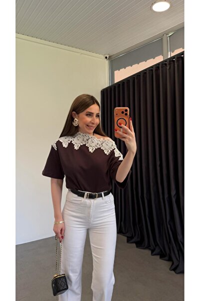 elif teke Pizzo Dantel Yakalı Bluz Kahverengi