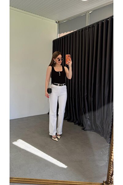 elif teke White Black Belted Lycra Jean White