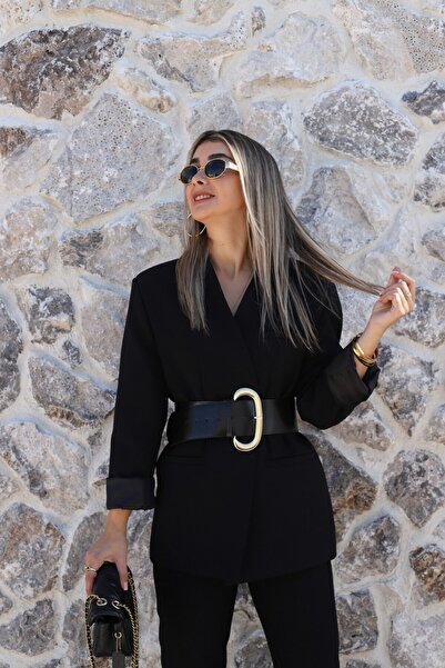 bytugcekaya Black Standard Size Thick Belted Blazer