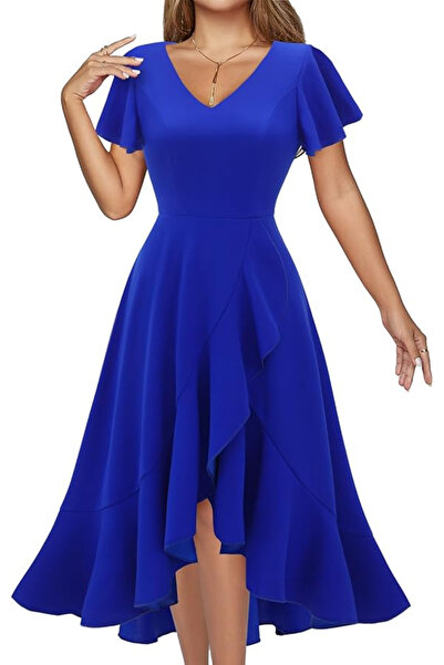 OEM Elegant dress, above the knee, short sleeves, blue 2XL