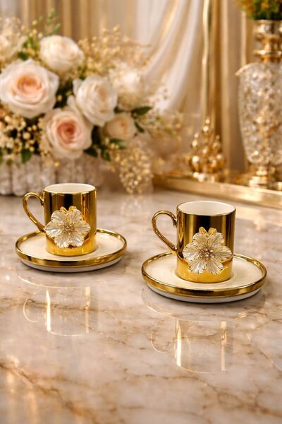 YzHome 2-Person Porcelain Gold Platinum Plated Lotus Flower Coffee Cup Set 100ml