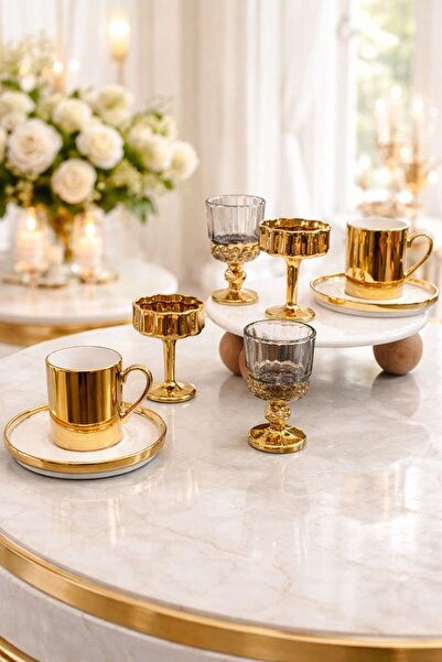 YzHome 2-Person Porcelain Platinum Gold Coffee Cup Set and 2 Glass Turkish De...