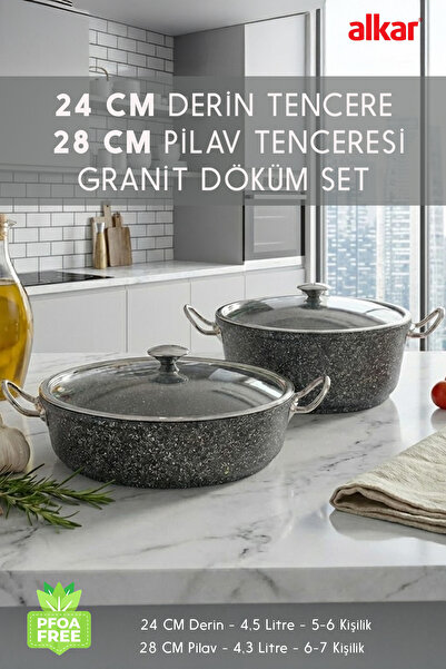 FİTHOME 24 Cm Derin & 28 Cm Pilav Karnıyarık Granit Döküm Tencere Seti Fırına...