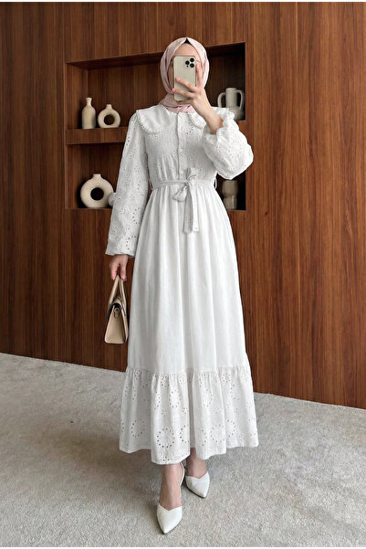 MODAQU Baby Collar Belted Dress with Scallop Detail - White