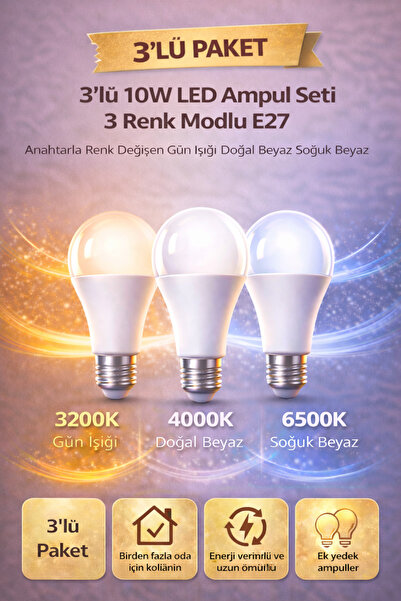 Edison 3 Adet 3 Renk Modlu 10W LED Ampul E27 Duy – Anahtarla Renk Değişen 3 I...
