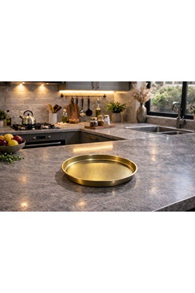gülis Lüx Metal Gold Renk 30cm Yuvarlak Tepsi , Kahve Dekoratif Sunumluk, Ser...