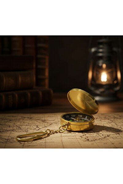 Kuzey Tacı Antique Style Genuine Brass Compass Keychain with Cover - Function...