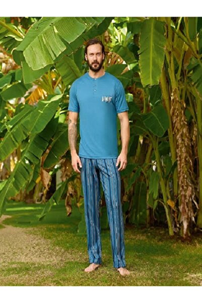 Aydoğan Always Written Blue Judge Collar Striped Bottom 100% Cotton Men's Sum...