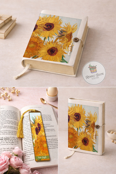 renkli izler atölyesi Kitap Kılıfı ve Metal Kitap Ayracı Seti (Van Gogh Ayçiç...