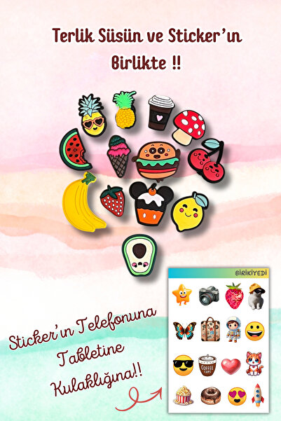 birikiyedi 13'Lü Jibbitz Terlik Süsü Meyveler,Muz,Dondurma,Mantar,Kahve,Karpuz