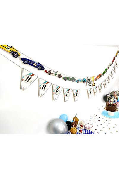 Flu Party لافتة بتصميم سيارة سباق كلاسيكية مع شخصيات ذات طابع سيارات السباق