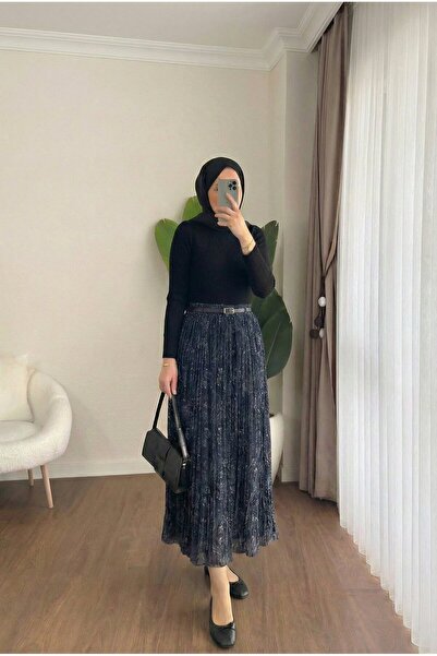 TrendParis Belted Waist Belted Shawl Patterned Pleated Skirt