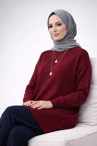 ModaAzen Burgundy Crew Neck Oversize Women's Knitwear Tunic