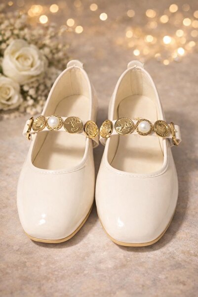 ARONA Krem Rugan Gold Madalyonlu Kadın Mary Jane Babet – Ayarlanabilir Tokalı...