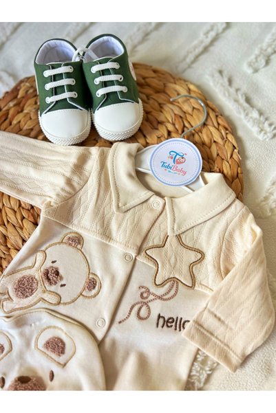 Sevnur Soft Teddy Bear Embossed Hat and Footed Baby Set of 2 Rompers