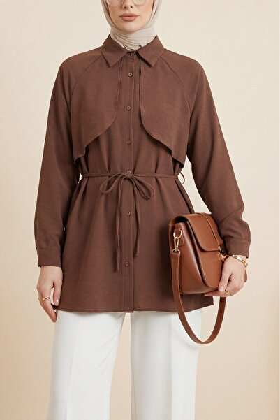 Modamorfo Lace-Up Poplin Tunic with Bolero Detail - Brown