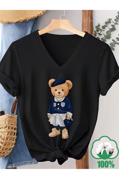 yombaa Baseball-Style Outfit with a Teddy Bear Print on a V-Neck T-Shirt