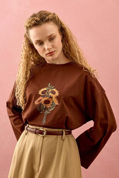 Ceylan Otantik Bitter Brown Sunflower Printed Basic Body