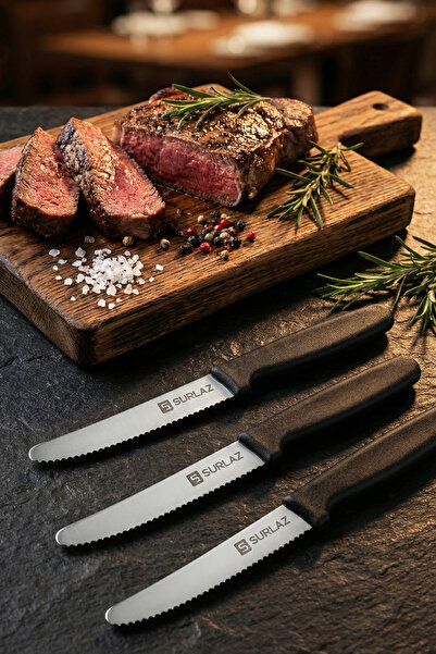 SürLaz 3 Parça Steak Bıçağı Seti 21 cm – Tırtıklı Et Bıçağı, Alman Çeliği Pas...