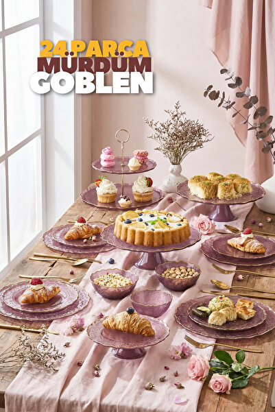 Lora Bianca 24 Parça - Goblen Serisi Mürdüm Pasta Tatlı Servis Sunum Seti