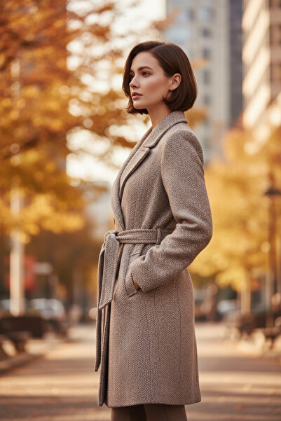 Volanlı Kahverengi Kruvaze Kaban