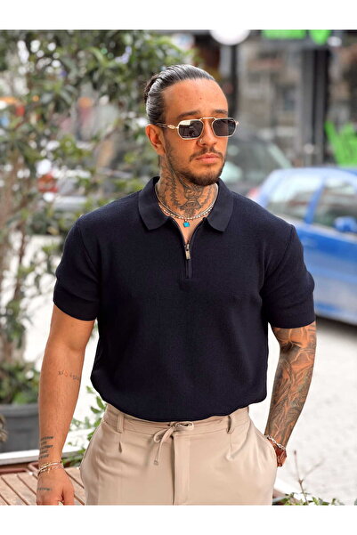 manch collection Basic Polo Neck T-Shirt with Zipper on the Collar Navy Blue