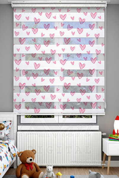 Avart Digital Çocuk Odası Pembe Şirin Kalpler Desenli Zebra Perde - Dijital B...