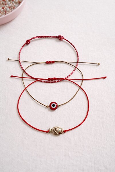 Femenino 3lü Balık Figürlü Cam Kırmızı Nazar Boncuğu Kore İpi Kartlı Marteniç...