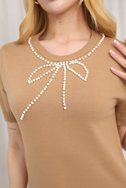 GRODYT Women's Camel Knitwear Blouse, Pearl Bow Detail, Crew Neck, Short Slee...