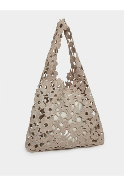 Styli Beige Floral Crochet Tote Bag