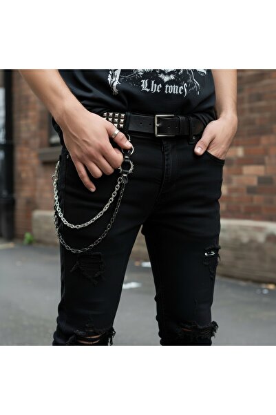 DİĞER1111 Gothic Dikenli Halka Detaylı Çift Renk Kalın Pantalon Zinciri