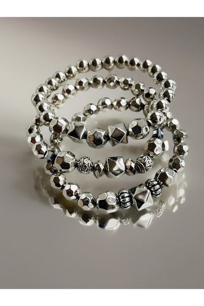 COCOSH TAKI Silver Color Beaded Triple Combination Multi Flexible Bracelet