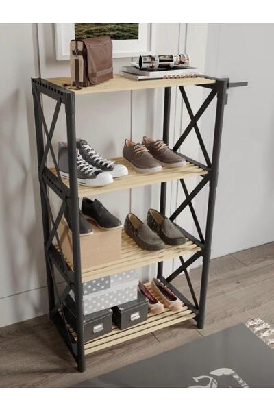 CasaNovi ZENNA 4 KATLI Dekoratif Çok Amaçlı AYAKKABILIK Siyah-Ahşap