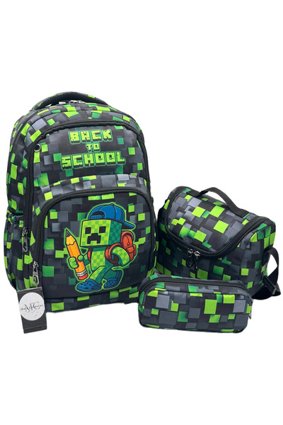 MegiHero Set of 3 Boys' Primary School Bags with Character Pattern Green Back...