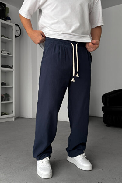 INFLUYENTE Men's Baggy Cut Linen Blend Muslin Trousers Breathable Thin Woven ...