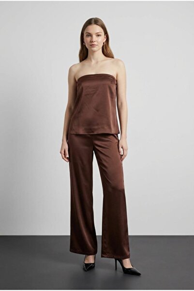 Quzu Satin Strapless Blouse Brown