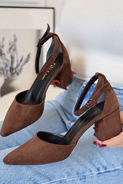 POLKA STORE Kadın Ruth Kısa Kalın Topuklu Günlük Rahat Acı Kahve Süet Ayakkabı