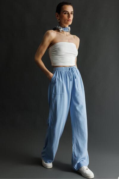 Mixray 4629 Women's Wide Leg High Waist Viscose Palazzo Trousers Antique Blue