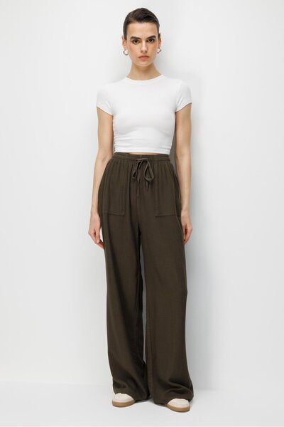 Mixray 4629 Women's Wide Leg High Waist Viscose Palazzo Trousers Antique Khaki