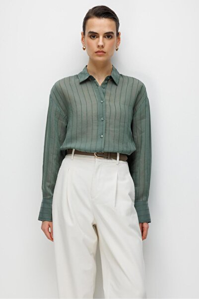 Mixray 4644 Women's Embossed Striped Transparent Basic Shirt Khaki