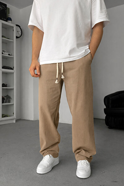 INFLUYENTE Men's Baggy Cut Linen Blend Muslin Trousers Breathable Thin Woven ...