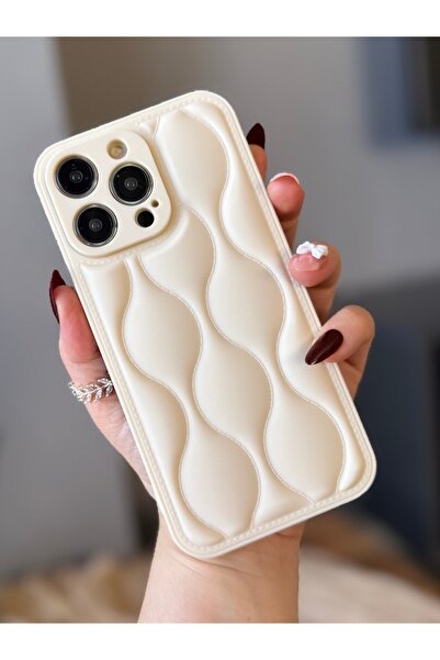 MİRAZ TASARIM iPhone 14 Pro Max Cream Color Wavy Embossed Case