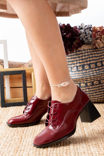 M Miss dark moda Thick Heeled Square Toe Lace-Up Patent Leather Stylish Heeled Loafer