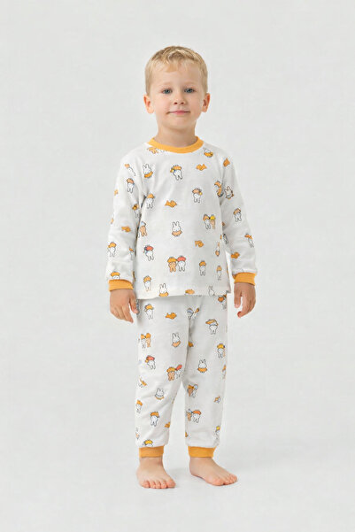 nazarbebe Boy's Mustard Rabbit Printed Cotton Pajama Set 3-6 Years