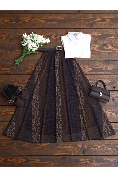 ŞAHİN TESETTÜR GİYİM KİLİM DESEN DERİ KEMERLİ BELİ LASTİKLİ ASTARLI ŞİFON ETE...