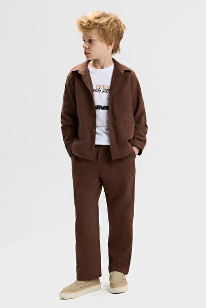 Magu Boys' Cotton Brown Jacket, Trousers and T-Shirt 3-Piece Set - Modern Style