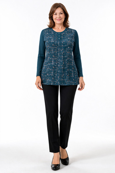 Mutlu City Women's Patterned Round Neck Relaxed Fit Combed Cotton Blouse for ...