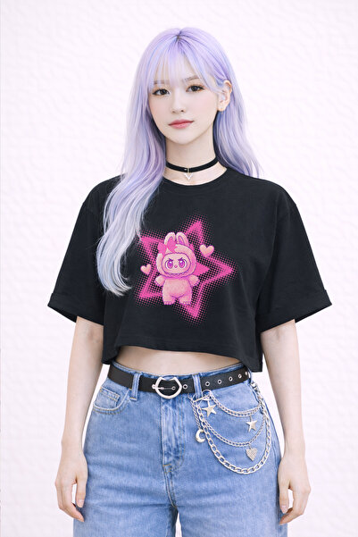 FANA Labubu Printed White Semi Crop T-Shirt – Oversized Cut 100% Cotton Women...