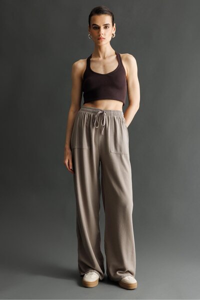 Mixray 4629 Women's Wide Leg High Waist Viscose Palazzo Trousers Antique Mink