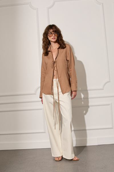 Beyyoglu %100 Keten Bağlama Detaylı Gömlek